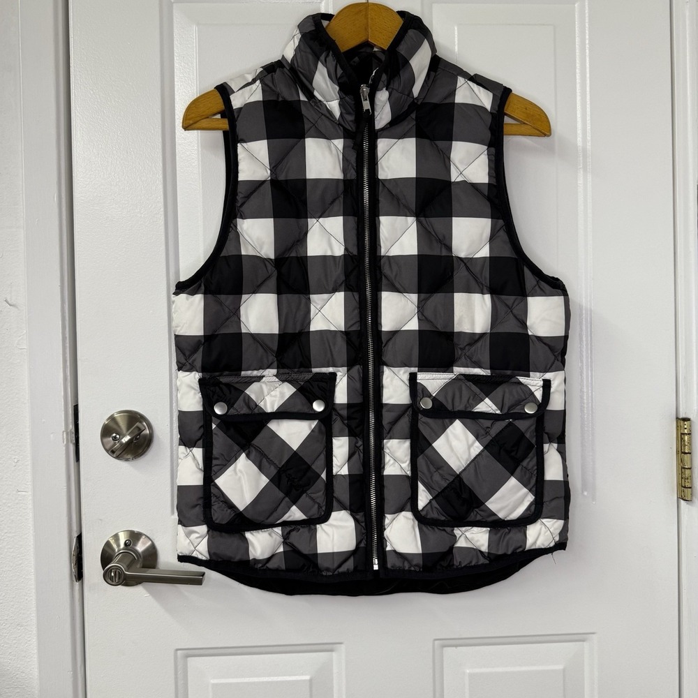 Woolrich Womens Medium Black/White Plaid Full Zip 2-Pocket Quilted Down Vest